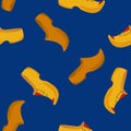 Traditional cartoon wooden shoes. Seamless color vector pattern on a blue background.